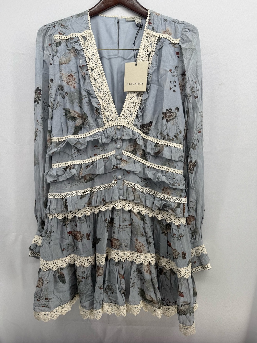 All Saints Powder Blue Floral Lace-Trim Tiered Long-Sleeve Dress